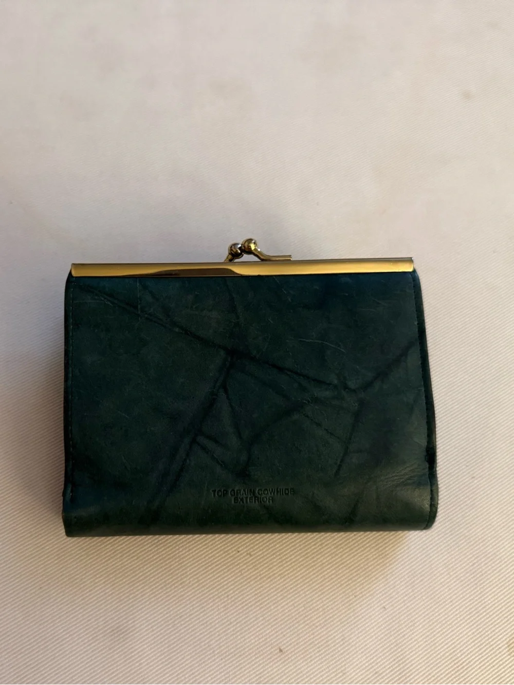 Vintage Buxton Top Grain Cowhide Leather Wallet Green Kiss Lock Coin Purse